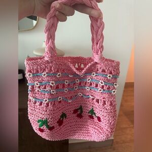 Urban Outfitters Jenny Pink Cherries Beaded Braided Straw Boho Small Tote Bag